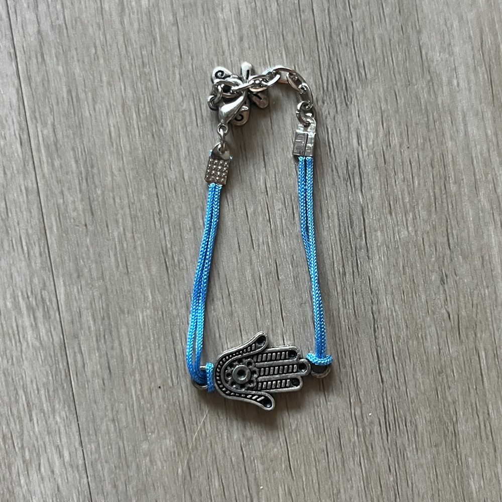Silver Hamsa Bracelet with Blue Cord